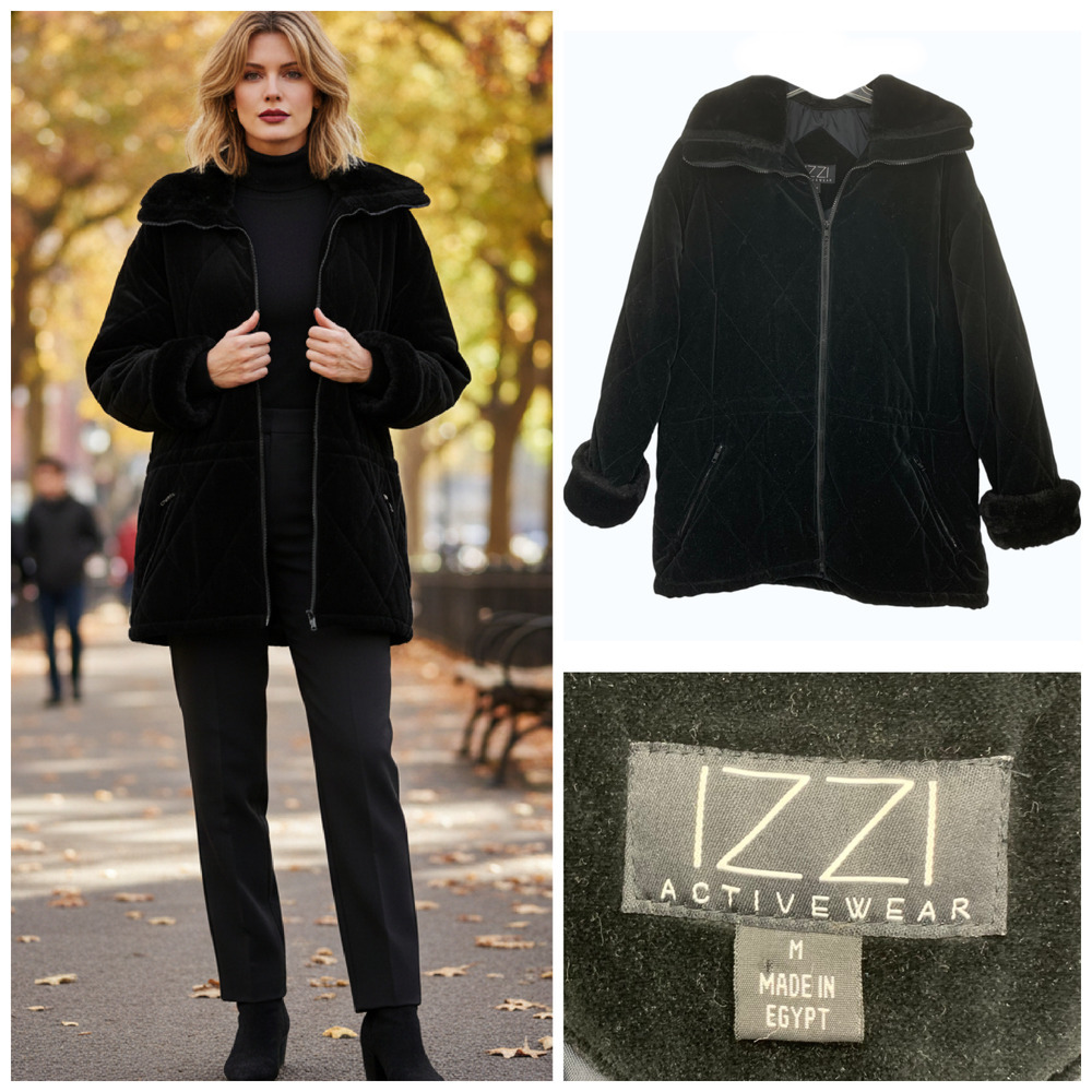 Vtg IZZI Sz M Black Quilted Velour Coat Jacket Faux Fur Collar Made in Egypt